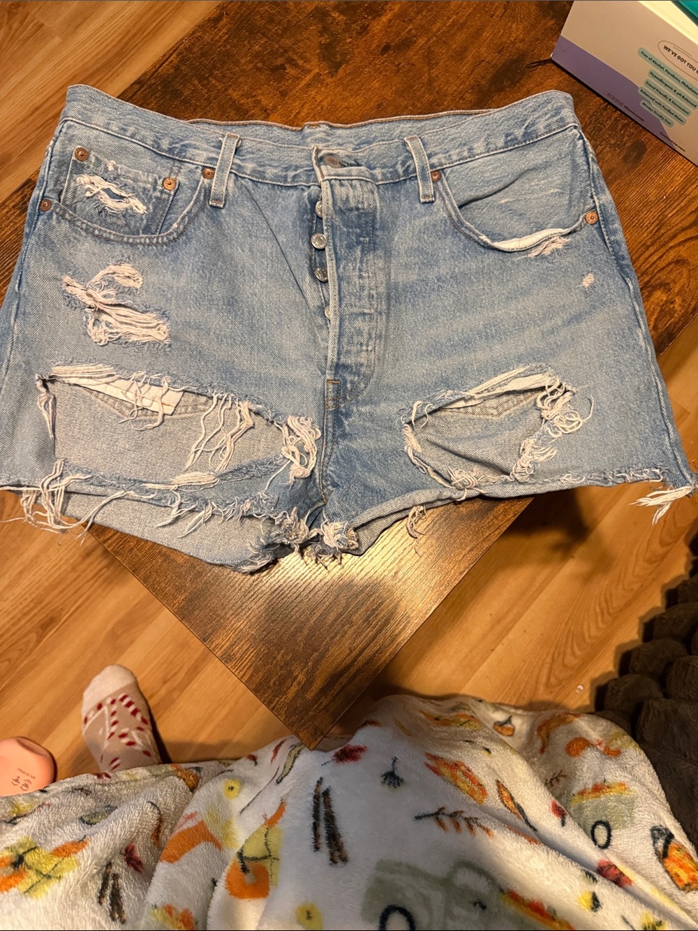 Levi's Light Blue Distressed High-Rise Jean Shorts